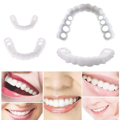 A close-up view of a set of snap-on dentures with a natural-looking appearance, designed to transform your smile instantly.