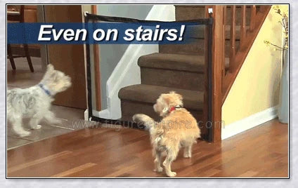 A black, adjustable pet gate made of high-quality mesh material, designed to safely contain pets and children in the home.