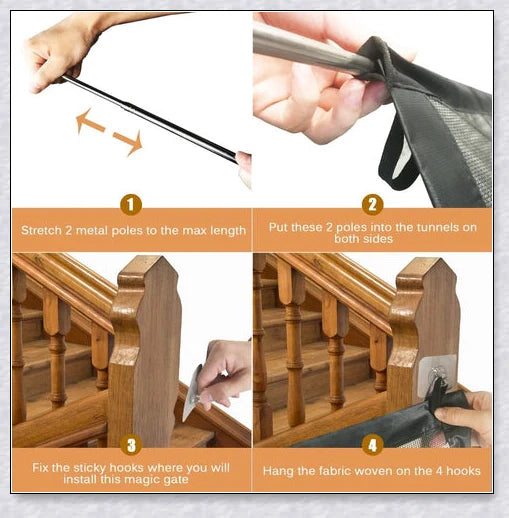 A black, adjustable pet gate made of high-quality mesh material, designed to safely contain pets and children in the home.