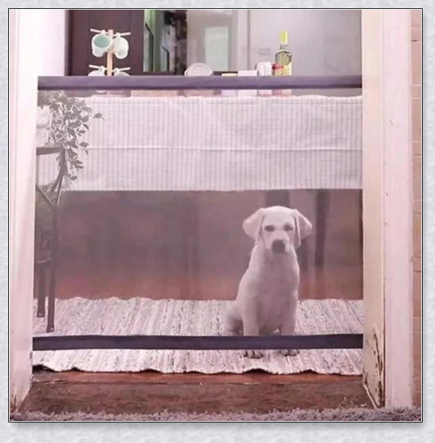 A black, adjustable pet gate made of high-quality mesh material, designed to safely contain pets and children in the home.