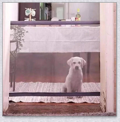 A black, adjustable pet gate made of high-quality mesh material, designed to safely contain pets and children in the home.