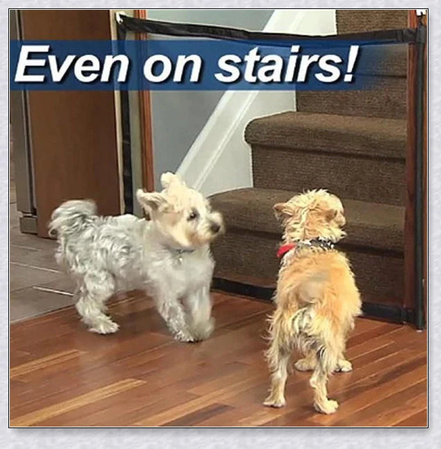 A black, adjustable pet gate made of high-quality mesh material, designed to safely contain pets and children in the home.