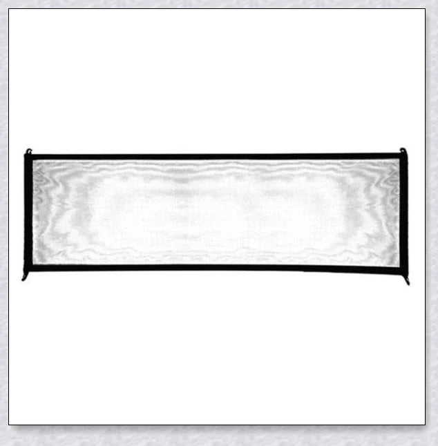 A black, adjustable pet gate made of high-quality mesh material, designed to safely contain pets and children in the home.