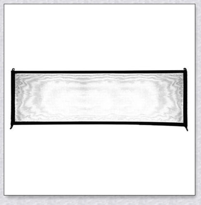 A black, adjustable pet gate made of high-quality mesh material, designed to safely contain pets and children in the home.