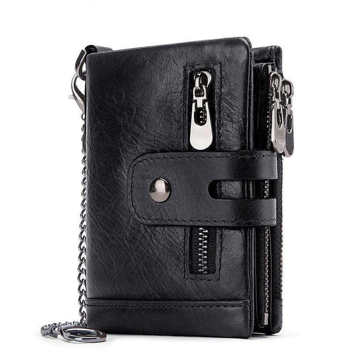 Premium cowhide leather wallet with snap-back zipper closure, large storage capacity, and antimagnetic/anti-theft features