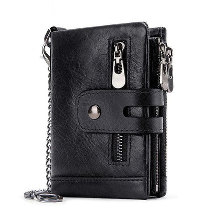 Premium cowhide leather wallet with snap-back zipper closure, large storage capacity, and antimagnetic/anti-theft features