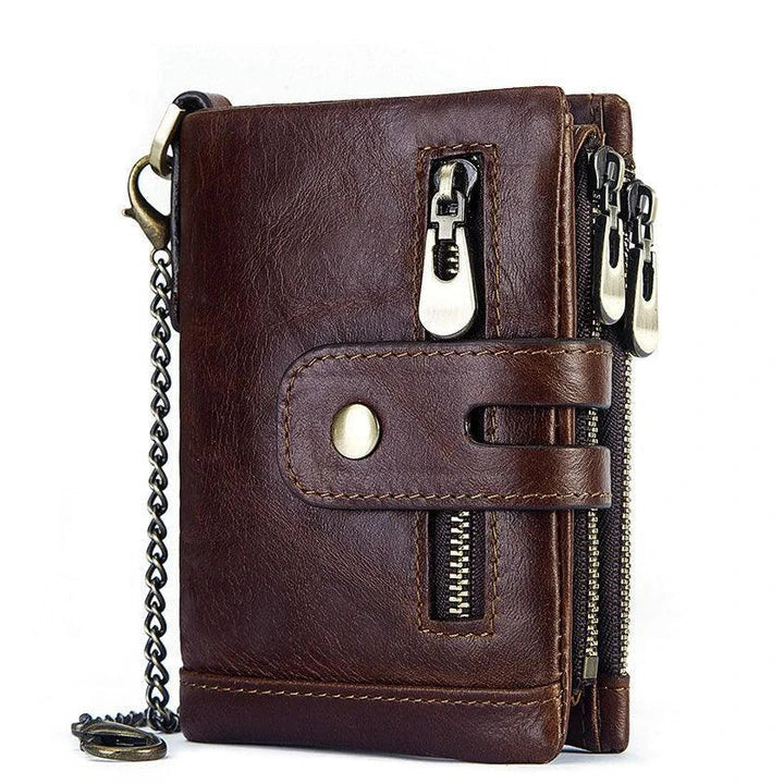 Premium cowhide leather wallet with snap-back zipper closure, large storage capacity, and antimagnetic/anti-theft features