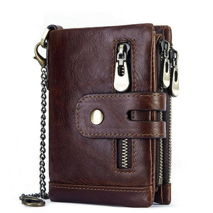 Premium cowhide leather wallet with snap-back zipper closure, large storage capacity, and antimagnetic/anti-theft features