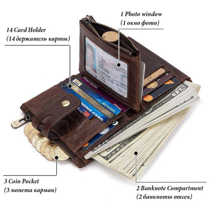 Premium cowhide leather wallet with snap-back zipper closure, large storage capacity, and antimagnetic/anti-theft features