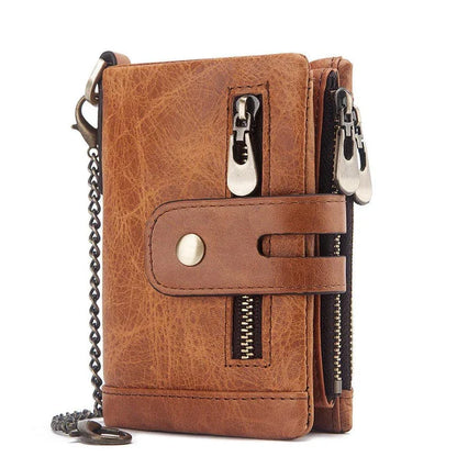 Premium cowhide leather wallet with snap-back zipper closure, large storage capacity, and antimagnetic/anti-theft features