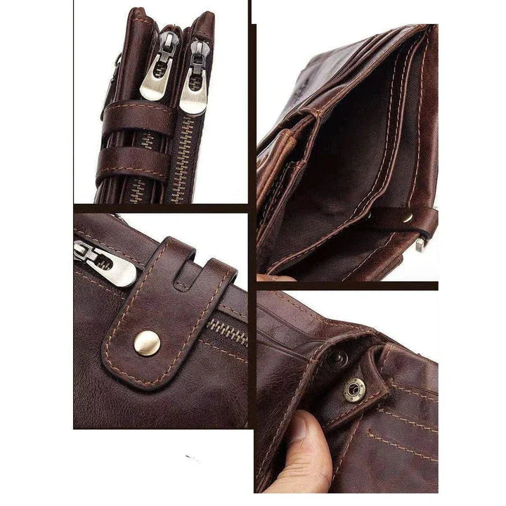 Premium cowhide leather wallet with snap-back zipper closure, large storage capacity, and antimagnetic/anti-theft features