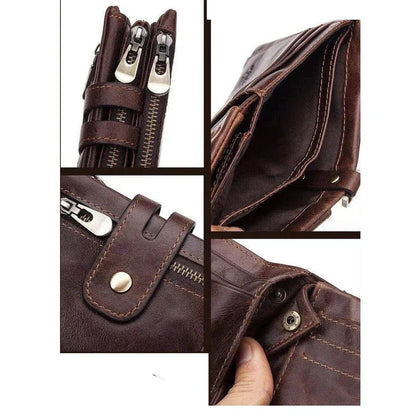 Premium cowhide leather wallet with snap-back zipper closure, large storage capacity, and antimagnetic/anti-theft features