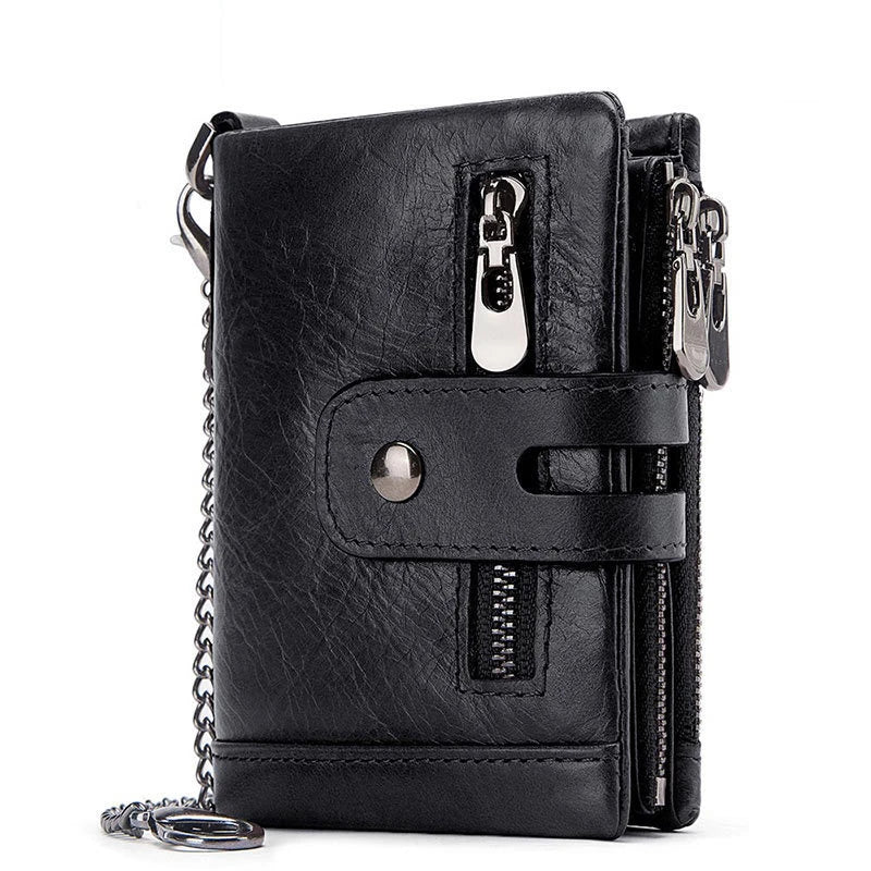 Premium cowhide leather wallet with snap-back zipper closure, large storage capacity, and antimagnetic/anti-theft features