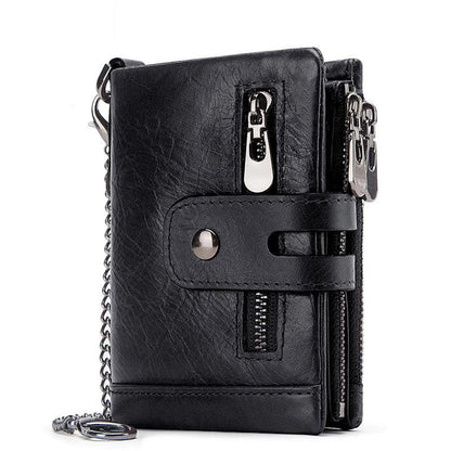 Premium cowhide leather wallet with snap-back zipper closure, large storage capacity, and antimagnetic/anti-theft features