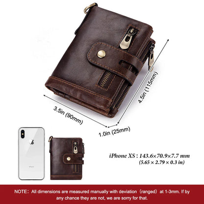 Premium cowhide leather wallet with snap-back zipper closure, large storage capacity, and antimagnetic/anti-theft features