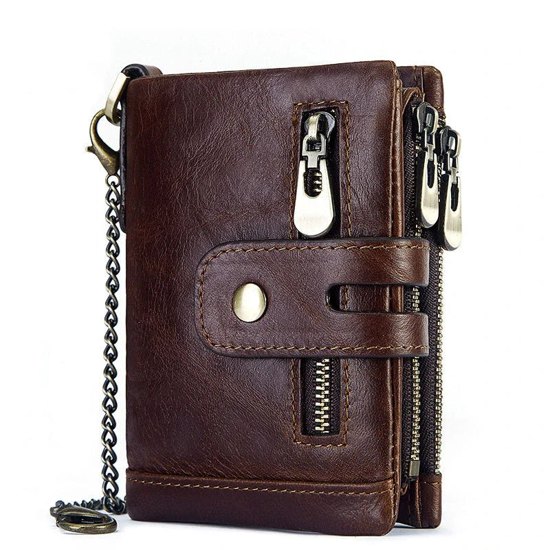 Premium cowhide leather wallet with snap-back zipper closure, large storage capacity, and antimagnetic/anti-theft features
