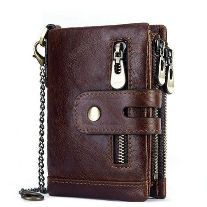 Premium cowhide leather wallet with snap-back zipper closure, large storage capacity, and antimagnetic/anti-theft features