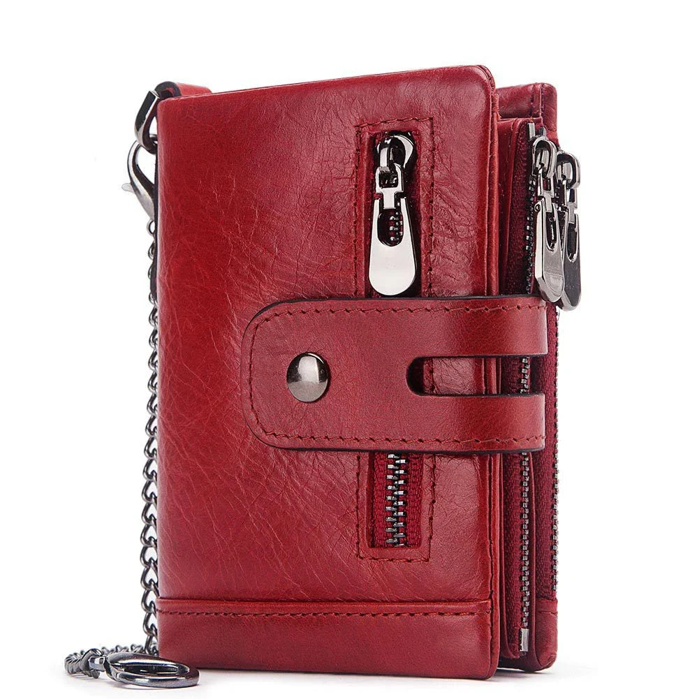Premium cowhide leather wallet with snap-back zipper closure, large storage capacity, and antimagnetic/anti-theft features