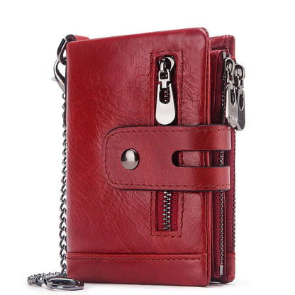 Premium cowhide leather wallet with snap-back zipper closure, large storage capacity, and antimagnetic/anti-theft features