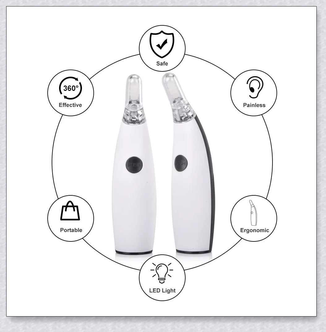 Portable Electric Ear Wax Remover with 360-degree spiral-shaped silicone tip and LED light for safe, effective ear cleaning