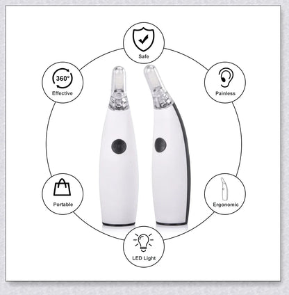 Portable Electric Ear Wax Remover with 360-degree spiral-shaped silicone tip and LED light for safe, effective ear cleaning