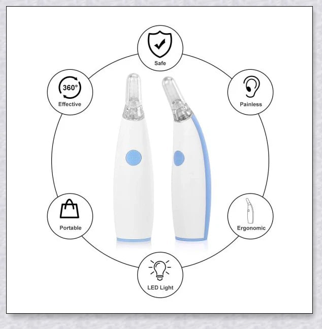Portable Electric Ear Wax Remover with 360-degree spiral-shaped silicone tip and LED light for safe, effective ear cleaning