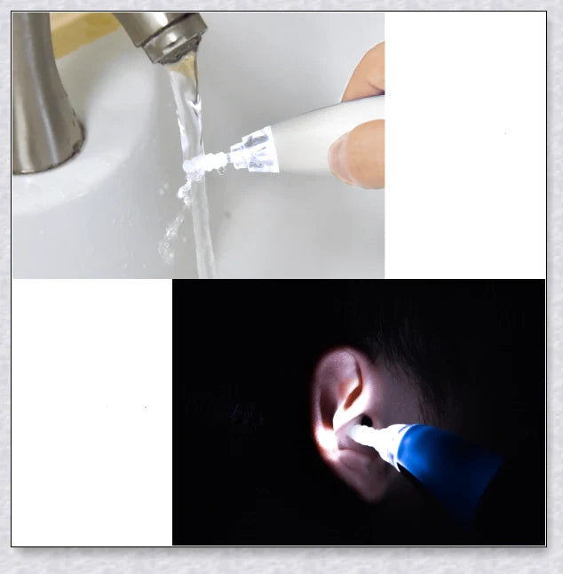 Portable Electric Ear Wax Remover with 360-degree spiral-shaped silicone tip and LED light for safe, effective ear cleaning