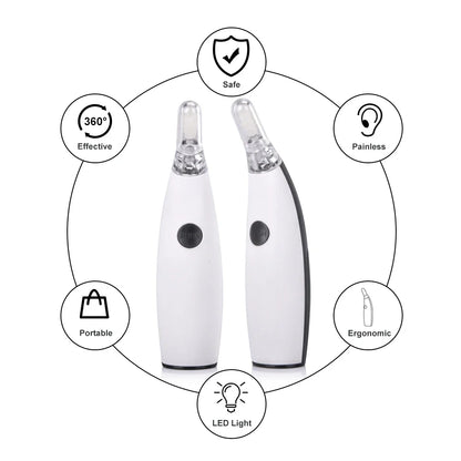 Portable Electric Ear Wax Remover with 360-degree spiral-shaped silicone tip and LED light for safe, effective ear cleaning