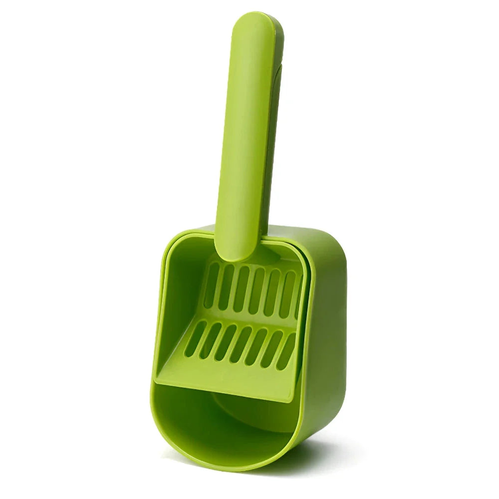 Plastic cat litter scoop with self-cleaning base for efficient and hassle-free litter box cleaning