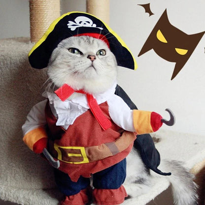 Adorable cat and dog wearing pirate-themed costumes with eye patches, bandanas, and treasure chest details