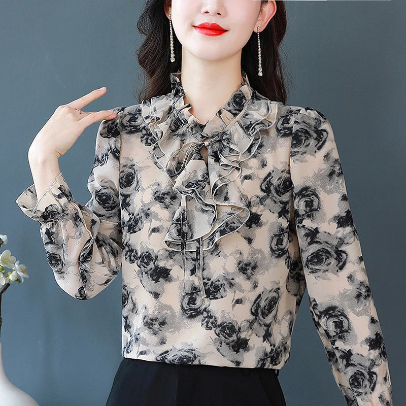 Elegant women's chiffon shirt with floral pattern, lace-up detail, and long sleeves