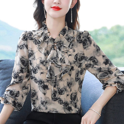 Elegant women's chiffon shirt with floral pattern, lace-up detail, and long sleeves