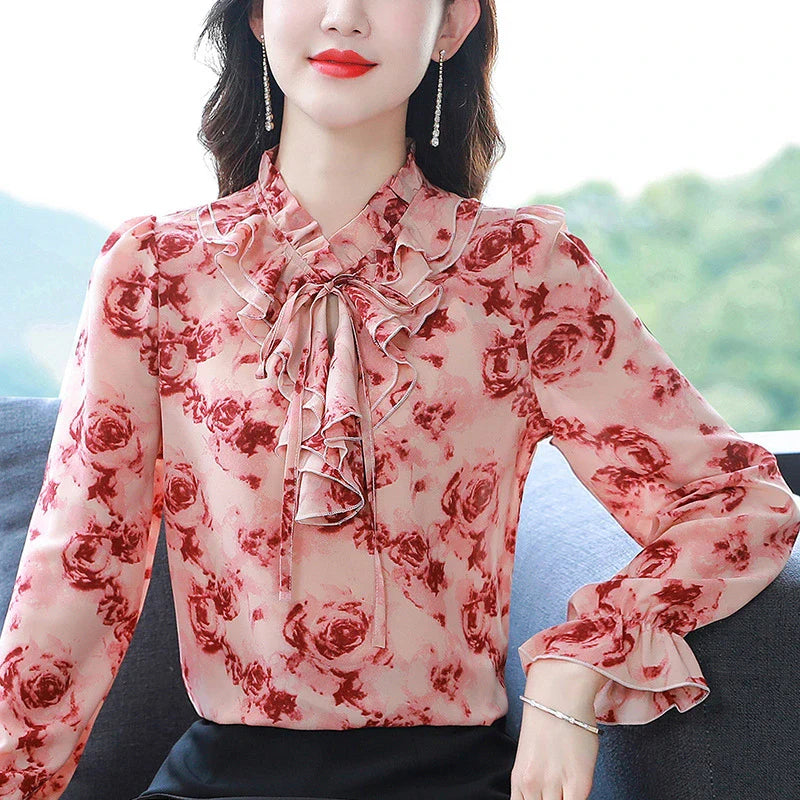 Hhomeenjoy  Foreign Style Agaric Ruffle Lace Up Floral Long Sleeved Chiffon Shirt For Women