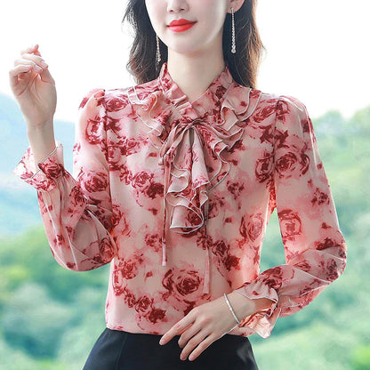 Elegant women's chiffon shirt with floral pattern, lace-up detail, and long sleeves