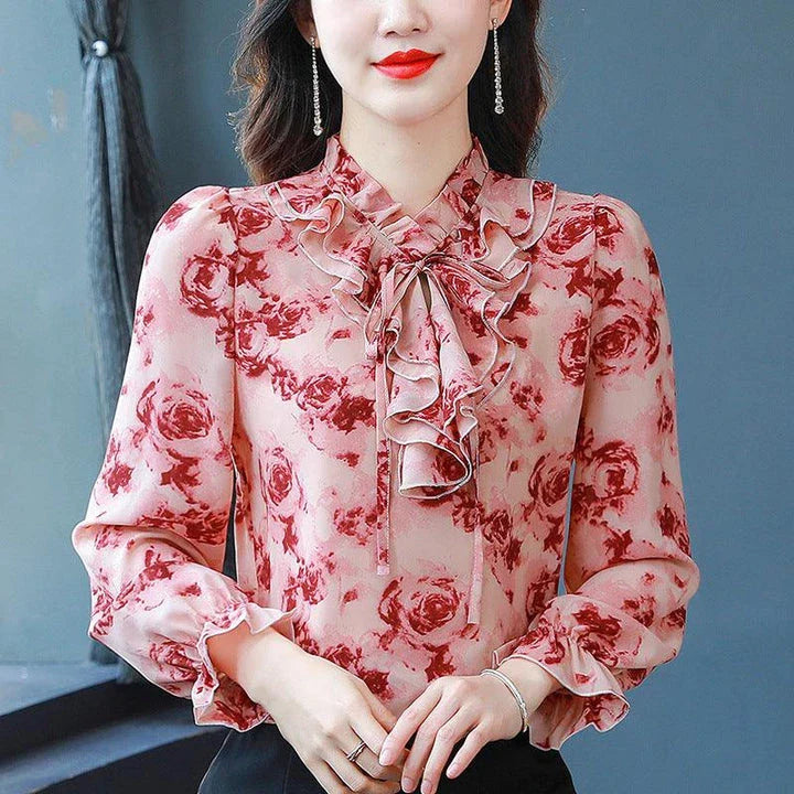 Elegant women's chiffon shirt with floral pattern, lace-up detail, and long sleeves