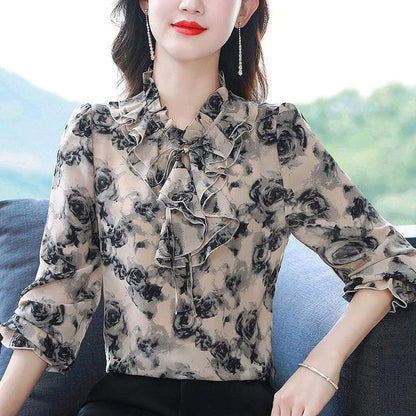 Elegant women's chiffon shirt with floral pattern, lace-up detail, and long sleeves