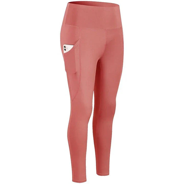 High-waist yoga leggings for women with pockets, made from a stretch fabric blend for comfort and support during workouts and everyday wear.