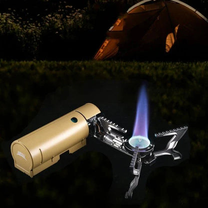 Camping Gas Stove with Mars Green and Khaki Yellow color options, featuring a portable storage bag for easy transport.