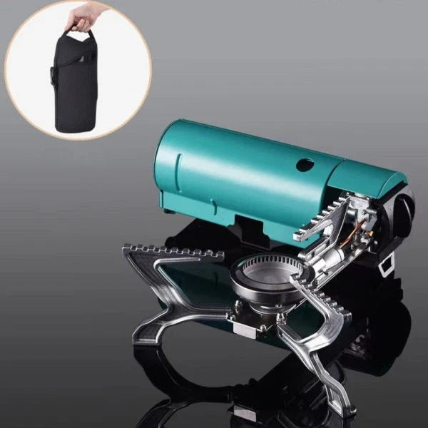 Camping Gas Stove with Mars Green and Khaki Yellow color options, featuring a portable storage bag for easy transport.