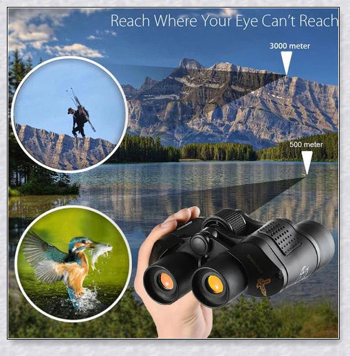 Professional Night Vision Infrared Long Range Binoculars with 60x60 magnification, perfect for outdoor activities like birdwatching, hunting, and hiking.