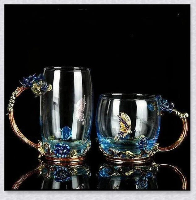 Handmade enamel mug or teacup with beautiful butterfly and rose designs, available in various styles