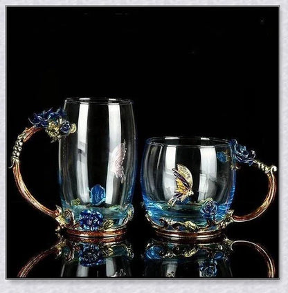 Handmade enamel mug or teacup with beautiful butterfly and rose designs, available in various styles