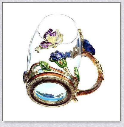 Handmade enamel mug or teacup with beautiful butterfly and rose designs, available in various styles