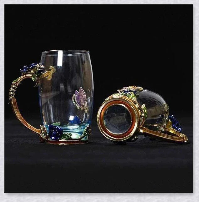 Handmade enamel mug or teacup with beautiful butterfly and rose designs, available in various styles