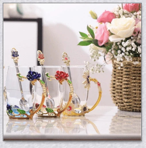 Handmade enamel mug or teacup with beautiful butterfly and rose designs, available in various styles