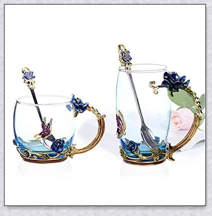 Handmade enamel mug or teacup with beautiful butterfly and rose designs, available in various styles