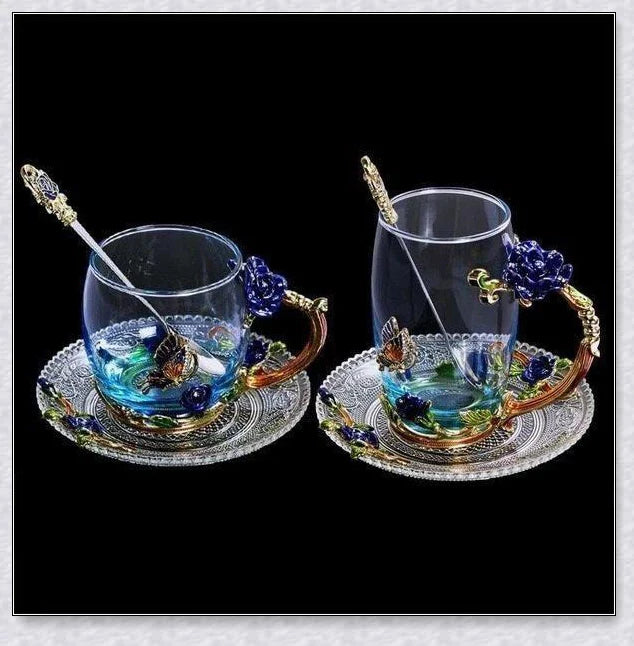 Handmade enamel mug or teacup with beautiful butterfly and rose designs, available in various styles