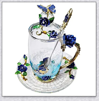 Handmade enamel mug or teacup with beautiful butterfly and rose designs, available in various styles