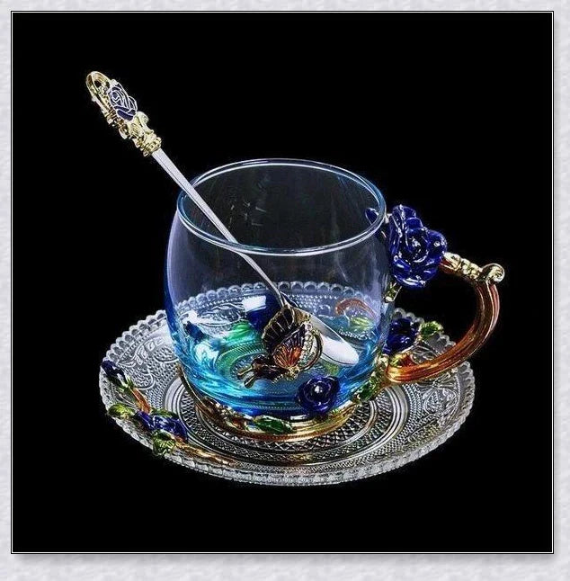 Handmade enamel mug or teacup with beautiful butterfly and rose designs, available in various styles