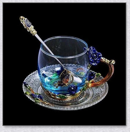 Handmade enamel mug or teacup with beautiful butterfly and rose designs, available in various styles